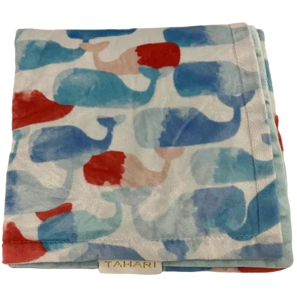 Tahari Whale Baby Blanket Raised Stars Blue Pink White Security Lovey 30x40 htf