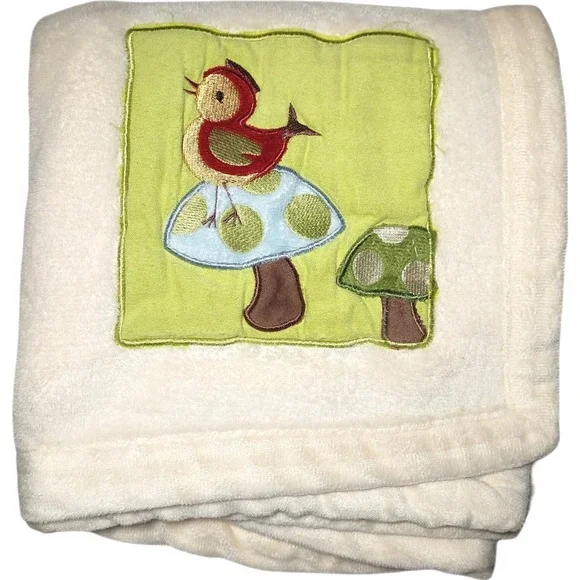 Lambs & Ivy Beige Off White Bird Mushroom htf Baby Blanket SOFT Lovey 30x40 EUC
