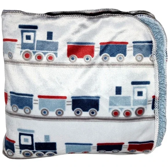 SL Home Fashions 119741 Train Plush Baby Blanket Blue Sherpa White Red Security