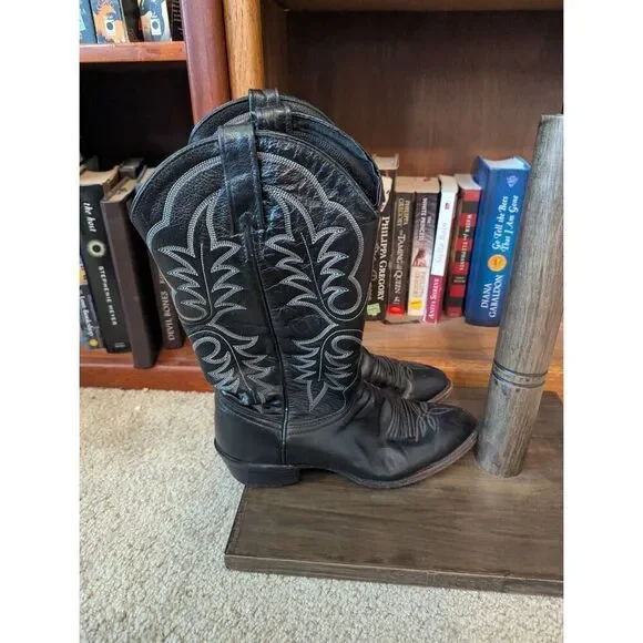 J. Chisholm Cowboy Boots  Size 9 D Black Leather Pointed Toe Stitched Pull On