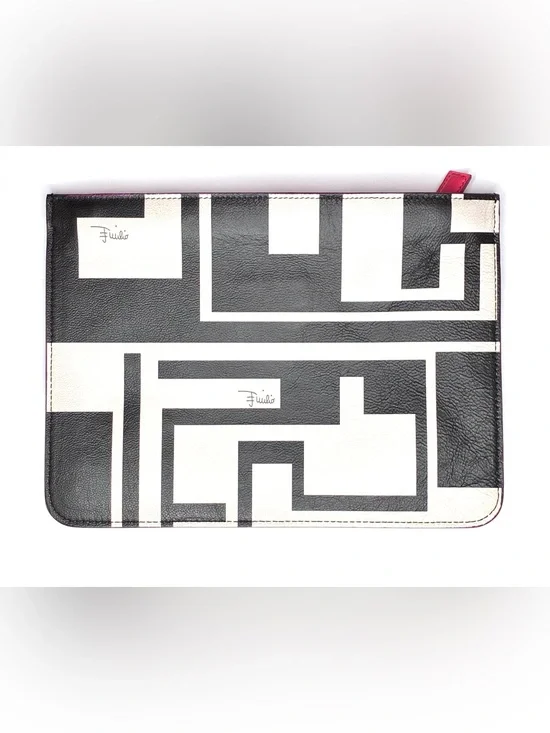 Emilio Pucci Black & White Geometric Labirinto Leather Clutch Pouch Pink Trim
