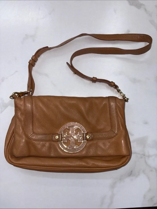 Tory Burch Cognac Pebbled Leather Fold-Over Clutch with Logo