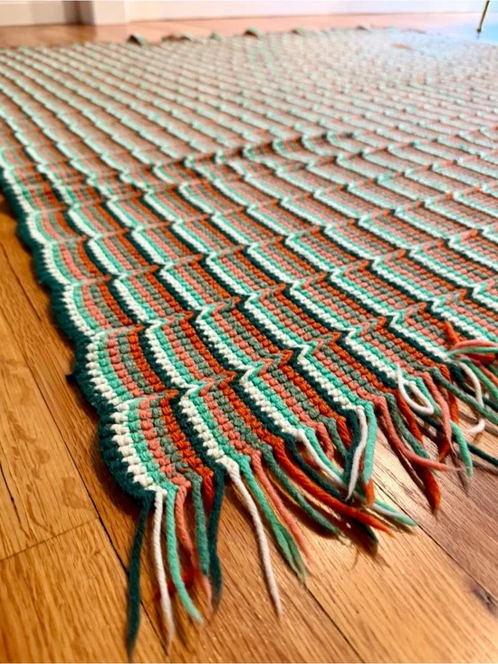 70s Vintage Handmade Crochet Flame Stitch Chevron Afghan Throw Blanket Fringe
