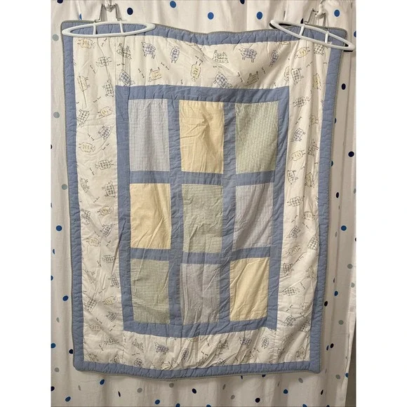 Vintage Eddie Bauer Home Quilted Baby Blanket Fleece Back Blue Yellow Sheep