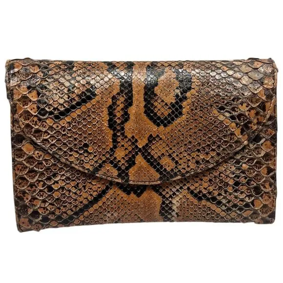 Vintage Snakeskin Clutch Earth Tones Natural 1970s Handmade Tan Brown Black‎