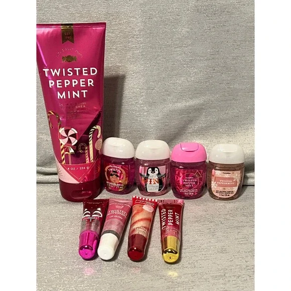 Bath & Body Works Twisted Peppermint Bundle Body Cream Hand Gel Lip Gloss lot 9