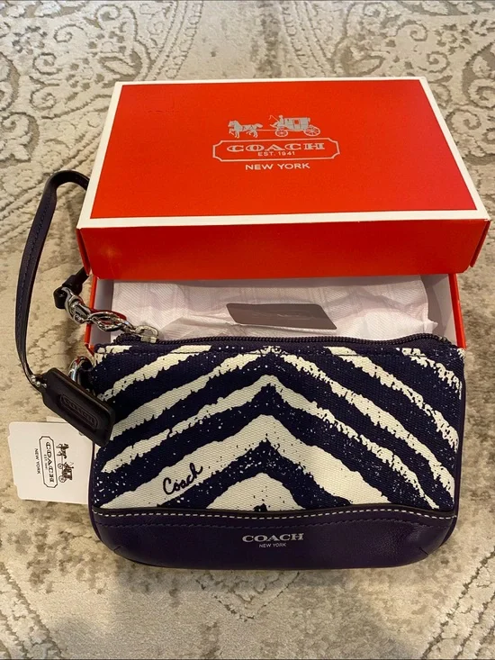 NWT Coach Dark Purple & White Zebra-Stripe Wristlet Clutch