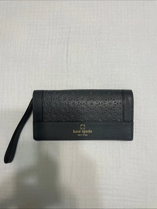 kate spade Black Textured Leather Wristlet Clutch with Gold Logo