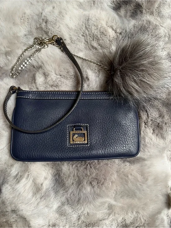 Dooney & Bourke Navy Pebbled Leather Wristlet with Fur Pom