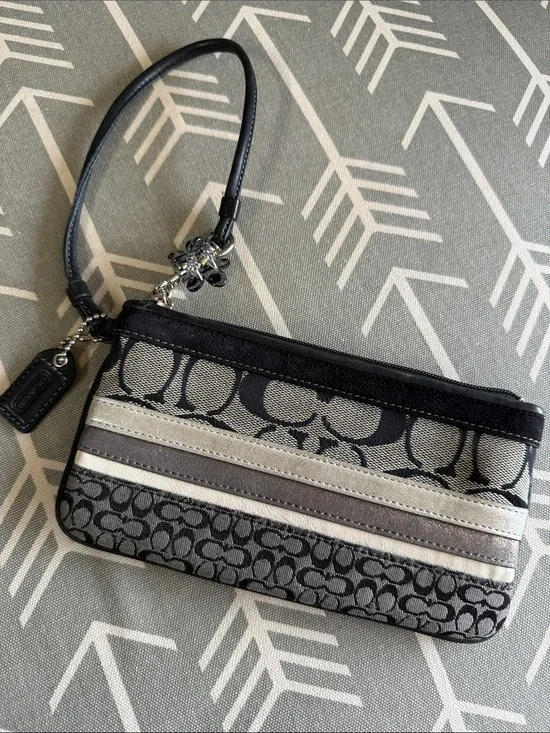 Coach Signature Wristlet in Black, Gray and Cream Stripes