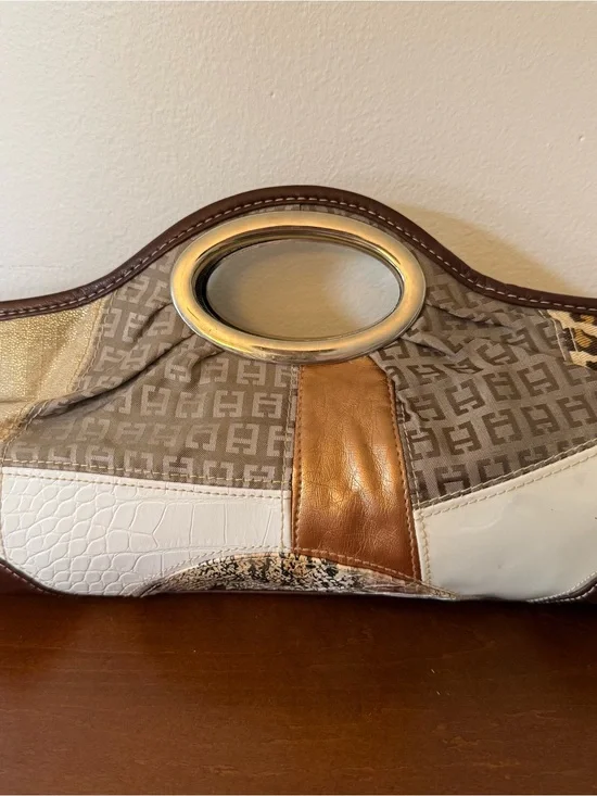 Brown, White & Tan Patchwork Clutch Oval Silver Handles - Faux Vegan Leather