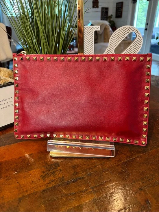 Valentino Garavani Red Leather Rockstud Zip Pouch - Authentic