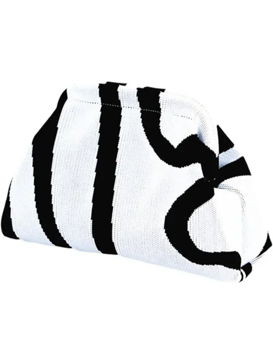 Women Stripe Black White Summer Beach Woven Crochet Bag Dumpling Purse Handbag