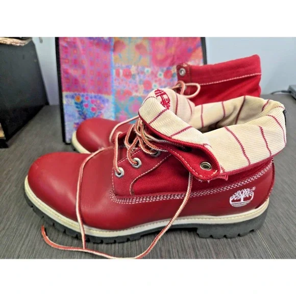 Timberland Mens Vintage Red Leather Convertible Lace Up‎ Combat Boots 90's Rare