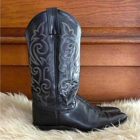 Justin Men’s 1409 London Calf Western Black Leather Boots with Silver Embroidery