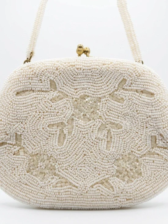 Vintage White Beaded Floral Evening Bag Made in Japan Elegant Retro Accessory