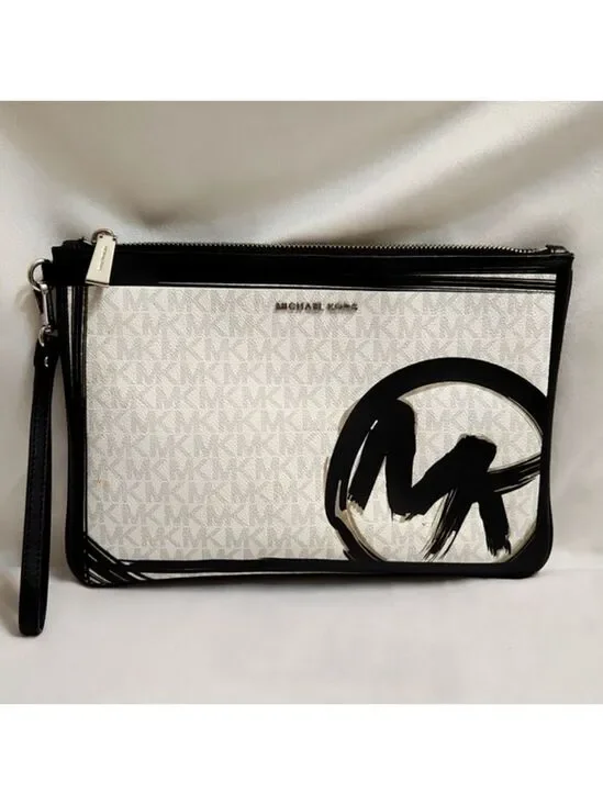 MICHAEL Michael Kors Black White Large Brushstroke Logo Zip Pouch Wristlet
