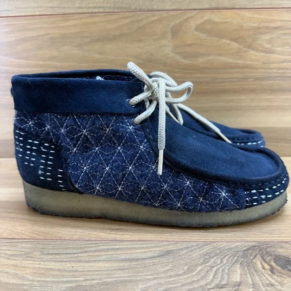 Clarks Wallabee Originals Sashiko Navy Mens 8 Blue Suede Wool Moc Toe Desert