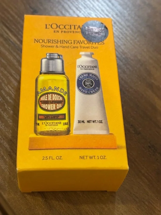 NWT L'OCCITANE Almond Shower Oil & Shea Hand Cream Duo - Yellow, White, Blue