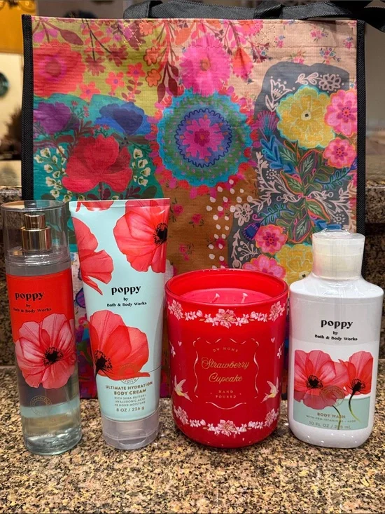 Bath & Body Works Poppy Floral Body Care Set & Candle with bag