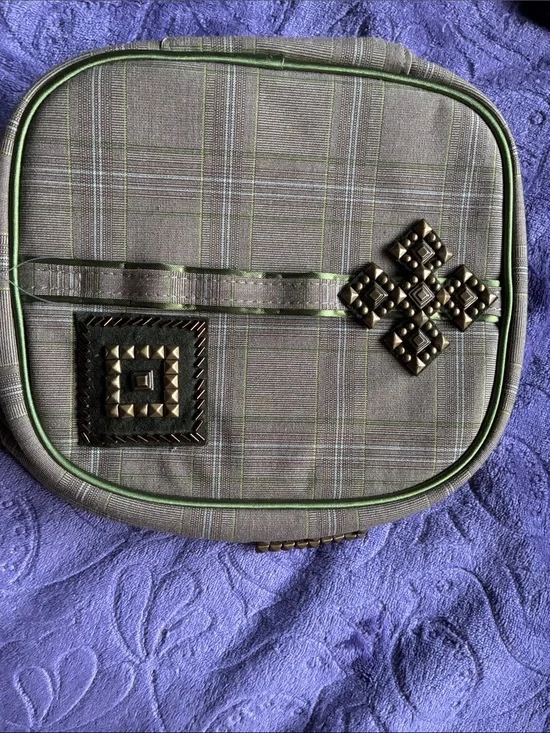 Ina Gray Plaid Cosmetic Case with Green Trim and Bronze Stud Accents