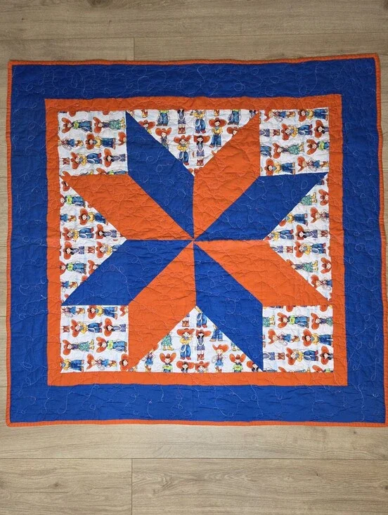 Handmade Western Cowboy Baby Quilt Blanket Pinwheel Crib 40x40 Patchwork Broncos