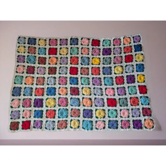 Vintage Handmade Multicolor 3D Roses Afghan Blanket Throw Cottagecore 51x72