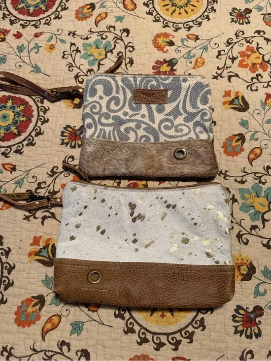 Myra Bag Blue Pattern & White Metallic Spot Wristlet Set with Brown Trim