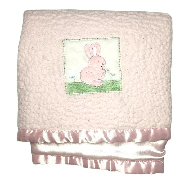 Beansprout Pink Bunny‎ Sherpa Satin Baby Girl Blanket HTF Lovey Security Flowers