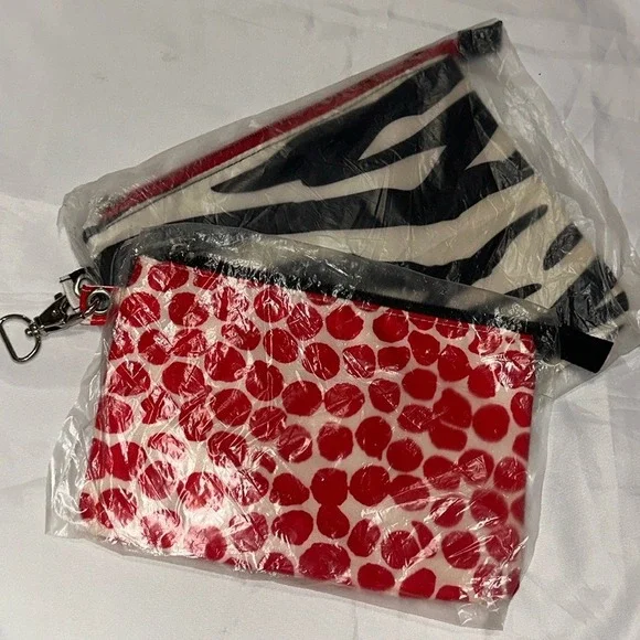 Set of 2 Canvas Zipper Pouches Zebra Stripe and Red Polka Dot Travel Bags