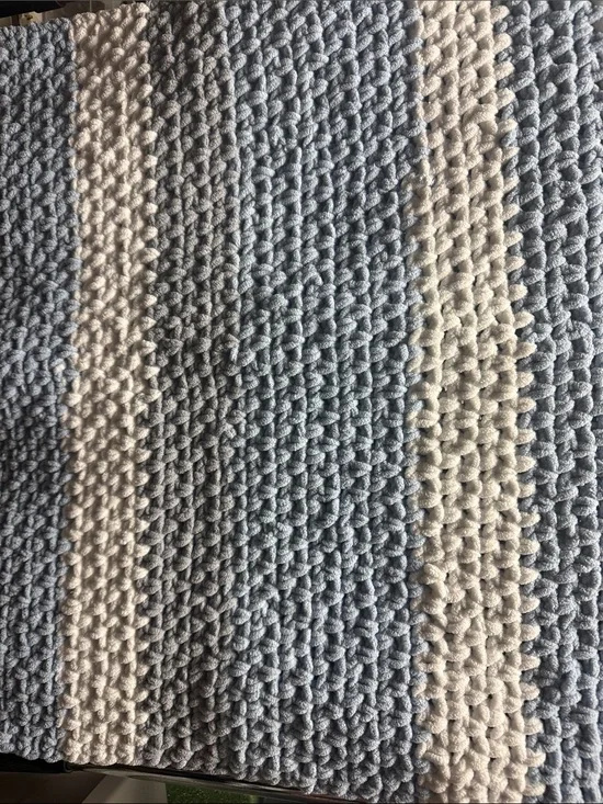 Cozy Hand-Knit Blue and Cream Throw Blanket