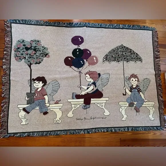 Carolyn Shores Wright Children Angels Throw Blanket Afghan Tapestry Approx 48X66