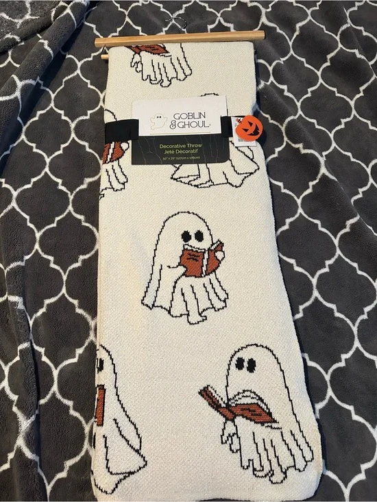Goblin & Ghoul Ghost Book Decorative Throw - White with Orange & Black