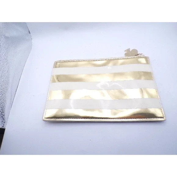 Kate Spade New‎ York Gold White Stripe Cosmetic Makeup Pouch Bag