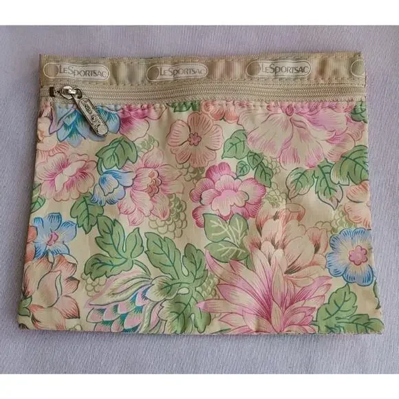 Lesportsac Pouch‎ Pink Floral small makeup Bag Zip Close Vintage 8.5 X 7 Inch