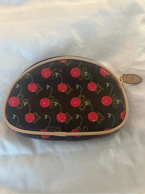 Cherry Print Monogram Dome Cosmetic Pouch Brown Makeup Bag