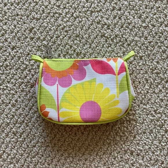 NEW Clinique Small Cosmetic Case Purse Mini Zip Bag Floral Yellow Pink NWOT