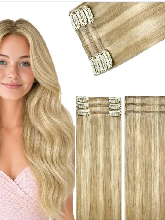 Real Hair Extensions Clip in Human Hair, 24 Inch 90g 6pcs Light Blonde Highlight