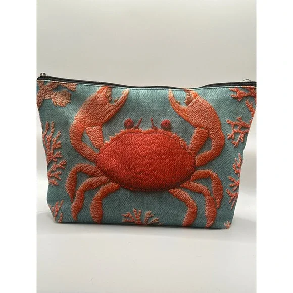 Red Crab Coral Nautical Cosmetic Travel Pouch Teal Blue Zipper Bag