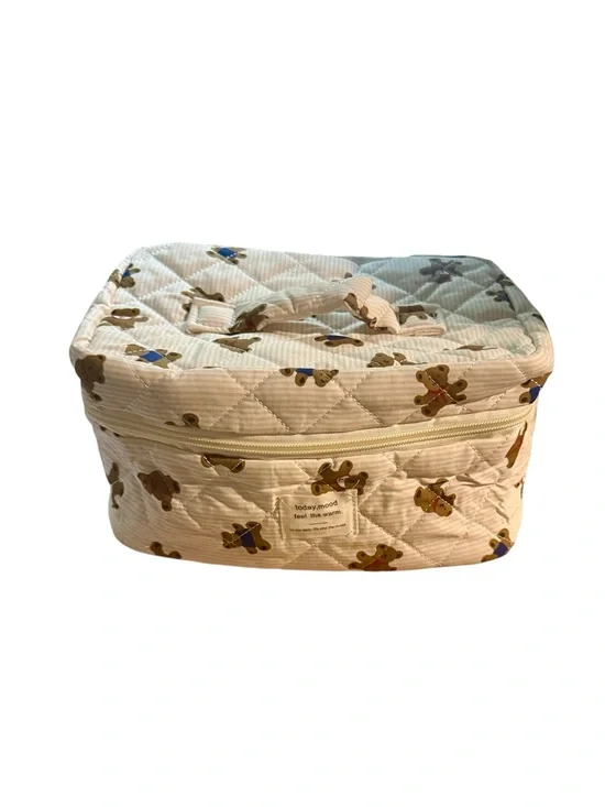 Cute Teddy Bear Quilted Makeup Cosmetic Train Case Vanity Bag