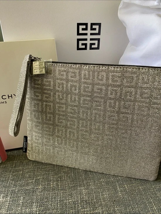 GIvenchy Sparkling Silver Metallic Mesh Wristlet Pouch Set