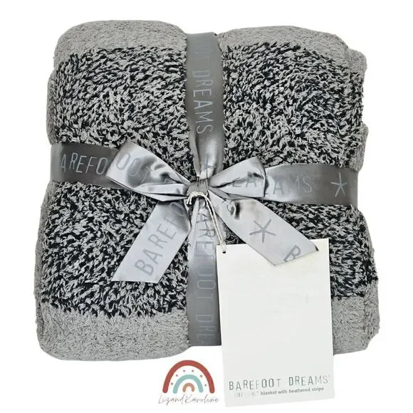 New! Barefoot Dreams CozyChic Blanket Heather Stripe Warm Grey Carbon Throw