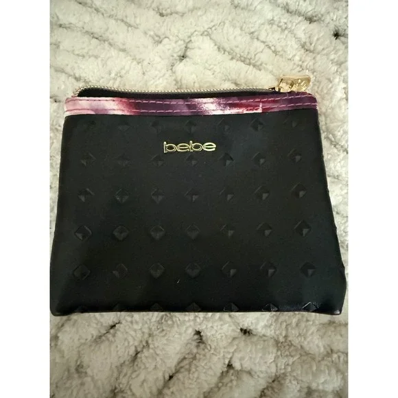 Bebe Black Faux Leather Studded Coin Purse Cosmetic Pouch Gold Logo Floral Trim