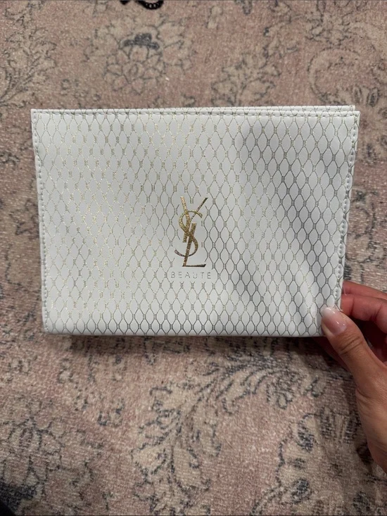 Yves Saint Laurent White Cosmetic Pouch with Gold YSL Logo