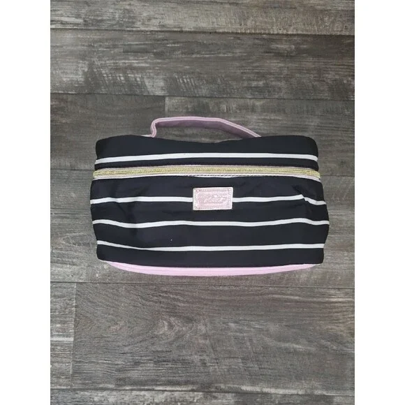 Betsey Johnson Black and White Striped Cosmetic Case with Pink Trim