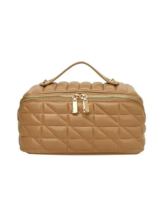 Quilted Vegan Leather Travel Makeup Train Case Khaki Cosmetic Bag