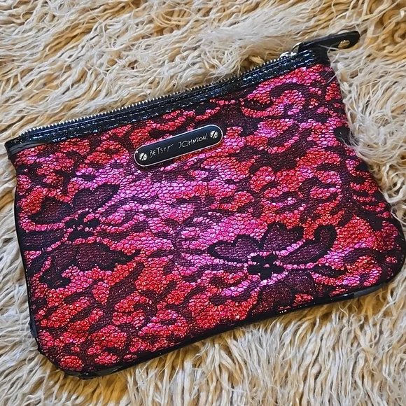 Betsey Johnson Pink and Black Cosmetic Bag with Lace Design