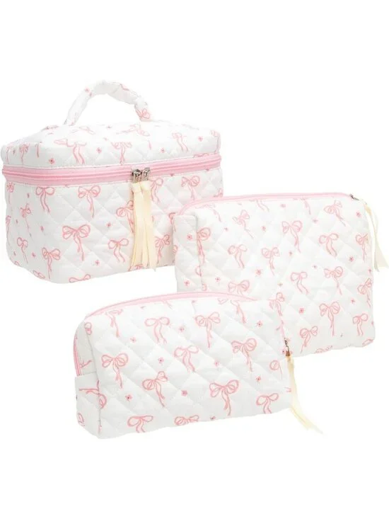 3 Piece Quilted Makeup Bag Set - Cute Zipper Organizer for Cosmetics, Toiletries