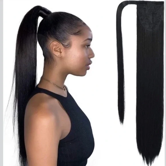 High Wrap Around Ponytail Extension Long Straight Black Hair Piece 22” Color #1B