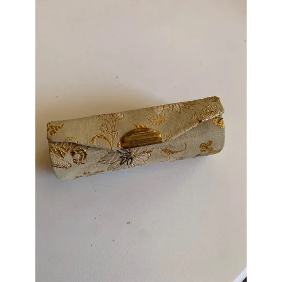 Vintage Brocade Lipstick Case Holder Gold Floral Embroidery Mirror Red Lining